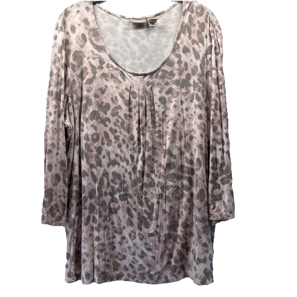 Chicos Women's Top Size XL Pink White Leopard Animal Stretch 3/4 Sleeve Pleated